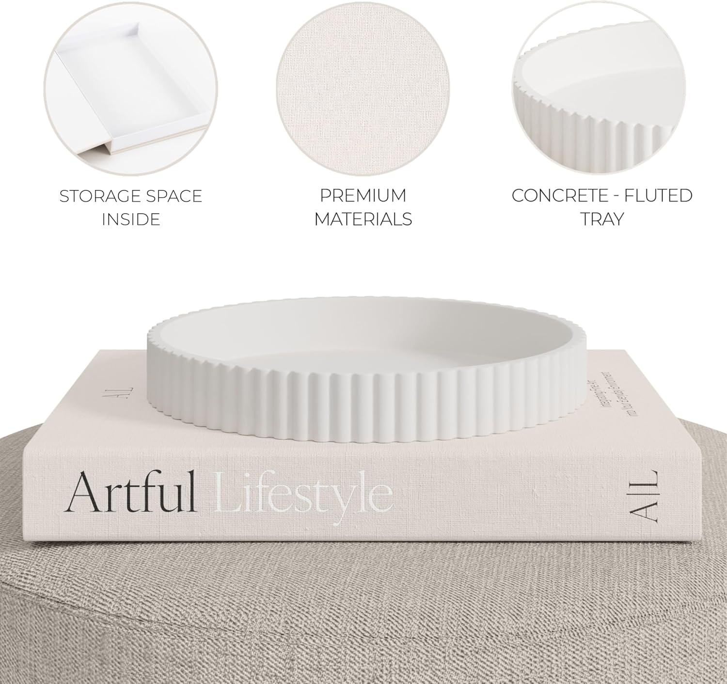 Skiennix Decorative Concrete Tray Set | Scalloped Design & Linen Box for Stylish Home Decor - Perfect for Living Room or Housewarming Gift