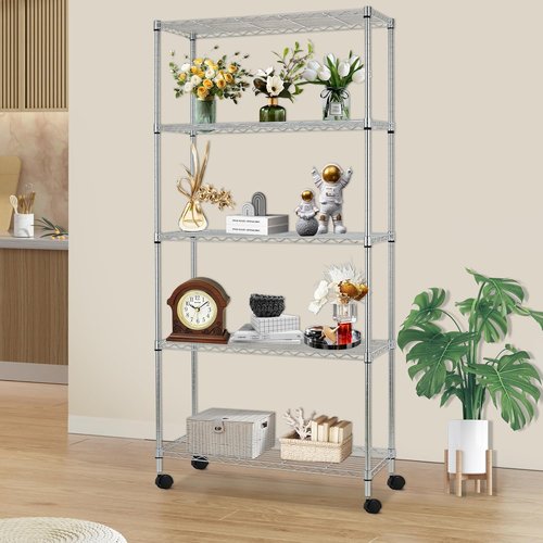 FDW 5-Tier Wire Storage Shelves - Heavy-Duty Metal Racks with Wheels | Adjustable Chrome Design | 30"x14"x61" | Tool-Free Assembly, Rust-Resistant | Ideal for Home & Garage Use
