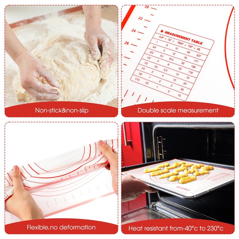 Dandat Rolling Pin with Adjustable Thickness Rings and Silicone Baking Pastry Mat Biscuit Cutter Bench Scraper Stainless Steel Dough Roller Rolling Pins for Baking Cookies Pie Pasta Pastries(Red)