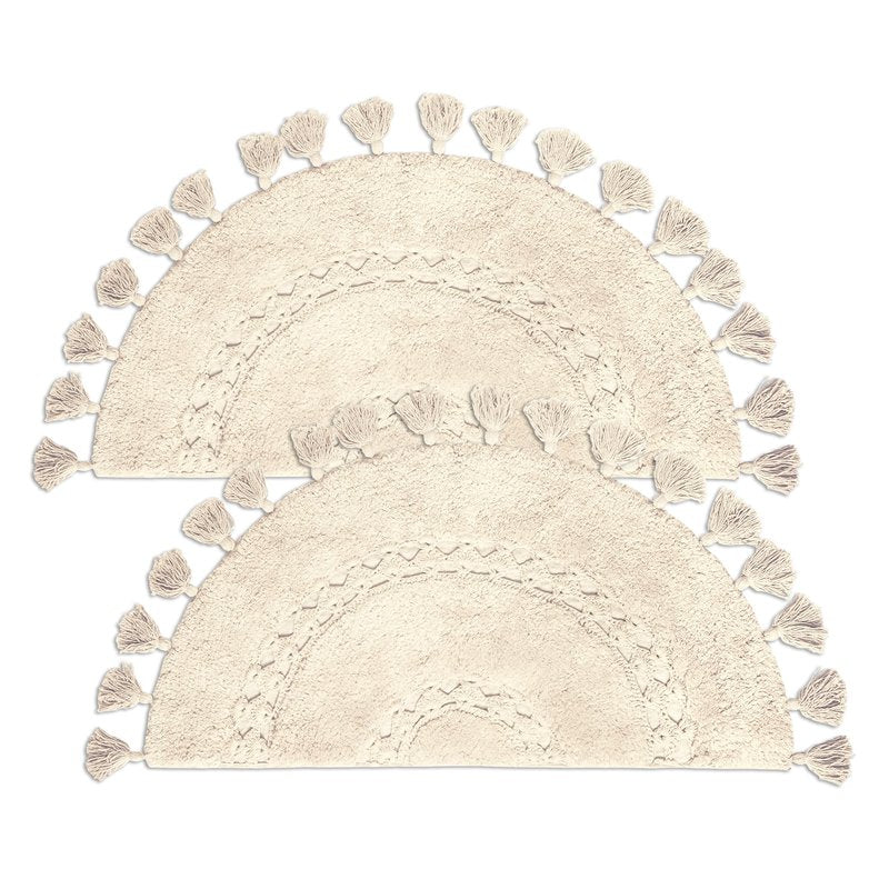 Pack of 2 Unique Boho Rug - Half Circle Rug with Crochet insert Detail & Tassels -100% Cotton Boho Bathroom Rugs -Decorative Non-Slip Bohemian Rug for Bath & Bedroom - Cute Boho Decor – Mustard