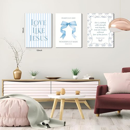 Blue Bow Jesus Wall Art - Inspirational Bible Verse Canvas Print | 12x16 Inch Framed Decor for Dorm Room