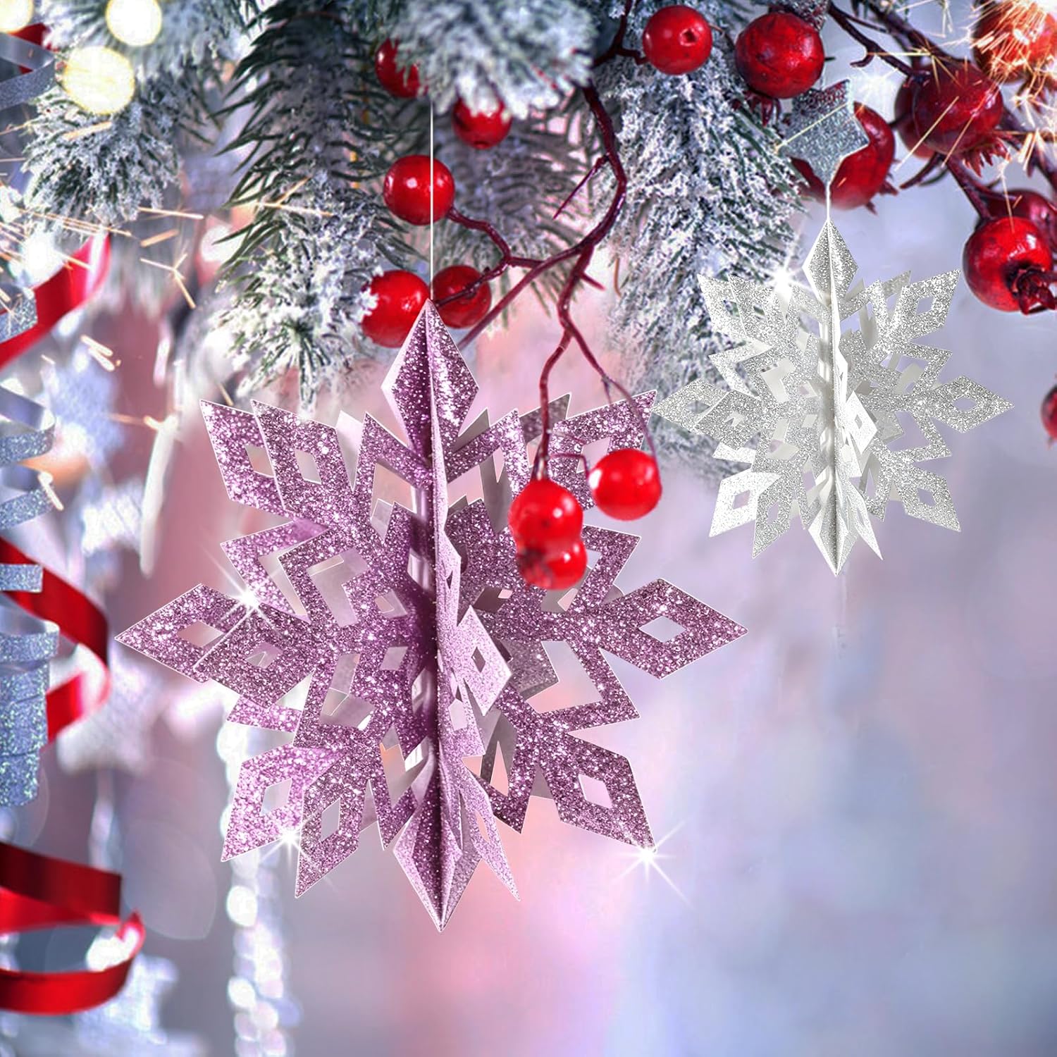 Skiennix 15-Piece 3D Glitter Snowflakes Decorations - Purple & Silver Winter Wonderland Garland
