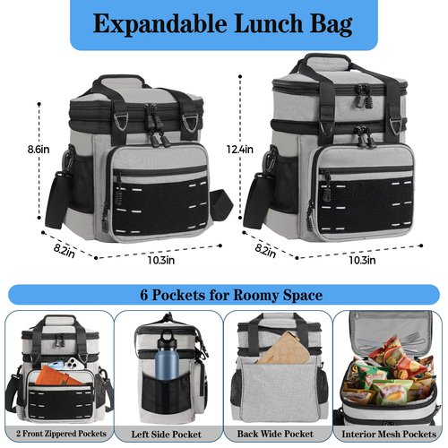 Lunch Box Cooler Bag - Tactical Insulated Lunchbox for Men - Large Lunch Pail Kit for Adults Work Outdoor Shifts Trips Grey 16L
