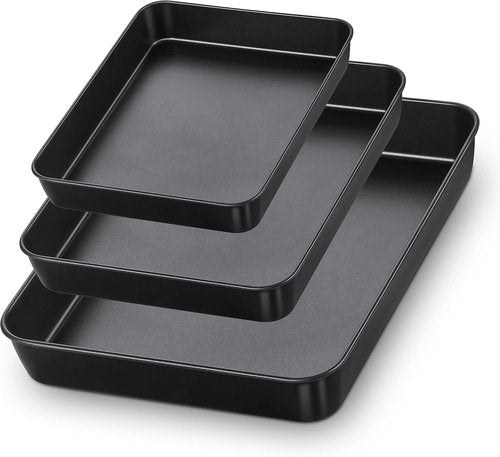 E-far Nonstick Baking Pans Set - 3 Rectangle Stainless Steel Cake Pans for Toaster Oven | 12.5/10.5/9.4 Inch, Black