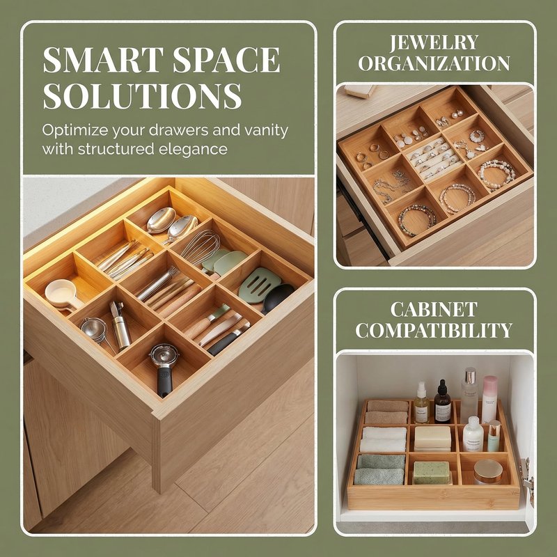 Cabilock 9-Compartments Wooden Divided Tray, Square Bamboo Serving Party Platter for Dry Fruits Snacks Candy and Dips, Space-Saving Shallow Drawer Organizer -13.2 x1.57 inch