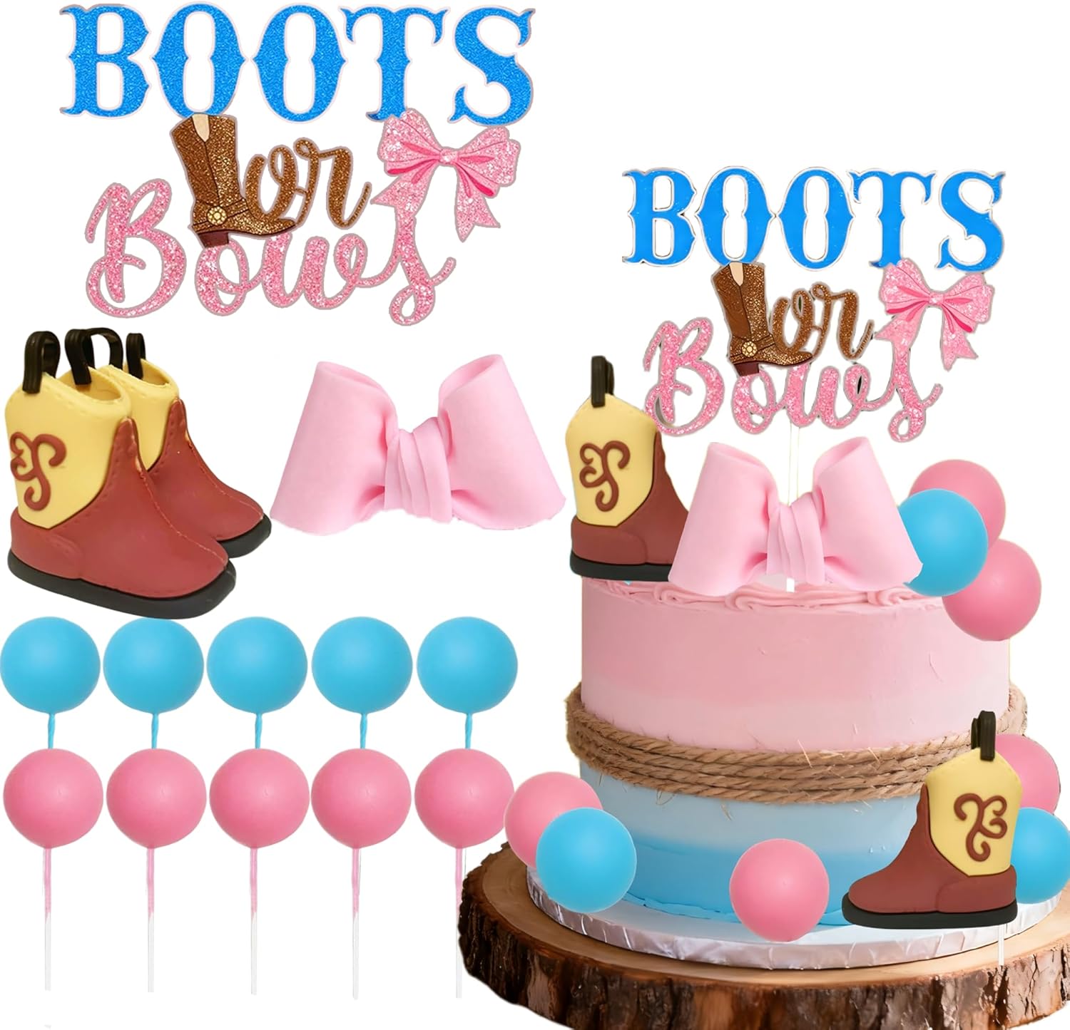 Skiennix Gender Reveal Cake Decorations - Acrylic Boots & Bows Cake Toppers Set for Baby Shower