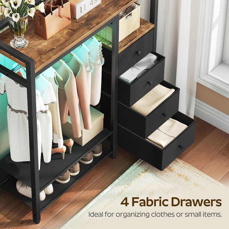YATINEY Bedroom Dresser with Clothes Rack, 4 Drawer Dresser with Charging Station and LED Light, Chest of Drawers for Bedroom, Closet Organizer with Hanging Rack and 2-Tier Shoe Rack, Rustic Brown