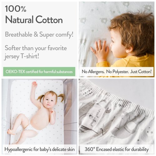 Bedside Sleeper Bassinet Sheets – Compatible with Milliard Side Sleeper – Fits 21 x 36 Mattress Without Bunching – Snuggly Soft Jersey Cotton – Grey Sheep, Stripe – 2 Pack