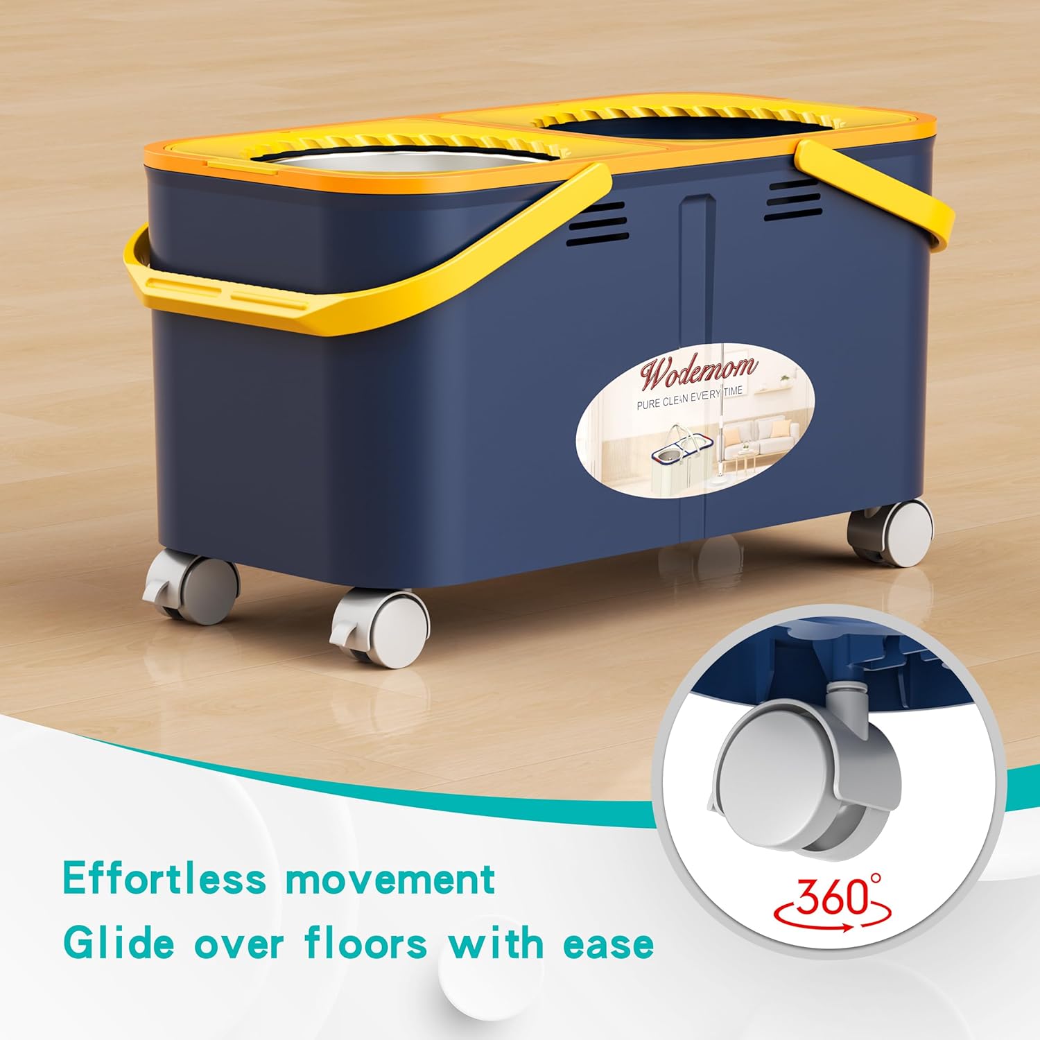 Skiennix Compact Spin Mop - 360° Swivel Wheels, Clean & Dirty Water System, 6 Reusable Mop Heads | Blue/Yellow