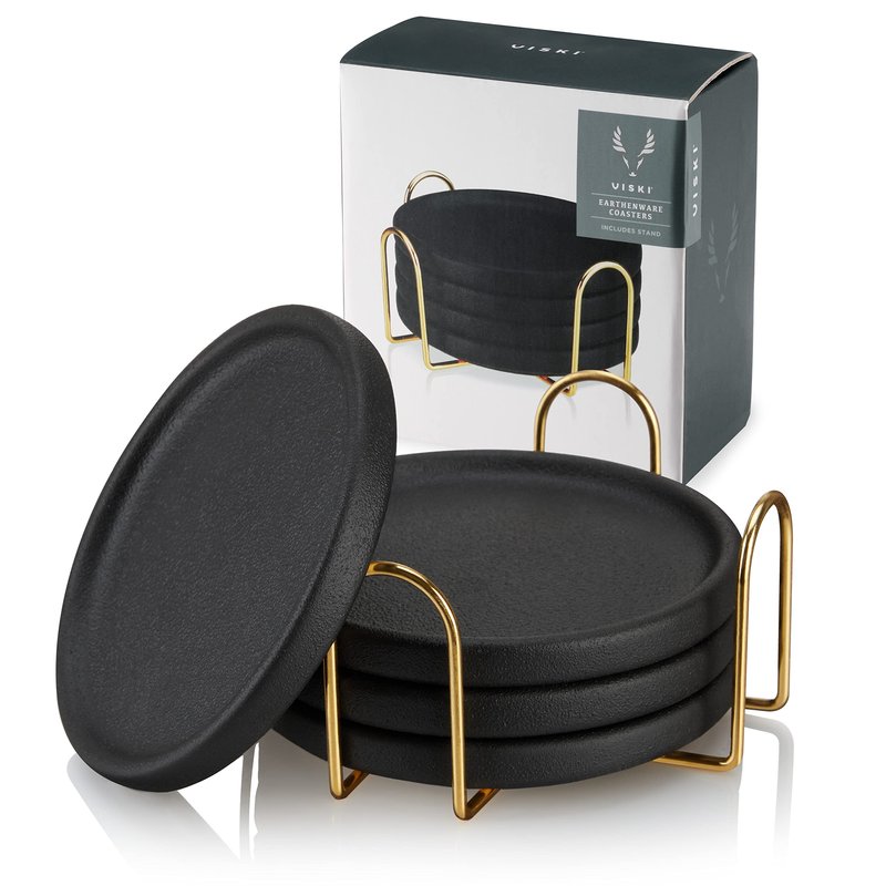 Viski Earthenware Coasters Set of 4 - Ceramic Drink Coasters - Outdoor Coasters for Drinks - Unique Coasters with Gold Stand Black