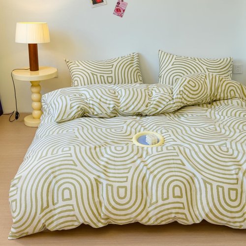 LIWHENHAO Abstract Duvet Cover Set Queen 100% Cotton Bedding Yellow Green Curve on White 1 Striped Geometric Comforter Cover Full 2 Pillowcases for Kids Girls Boys Woman