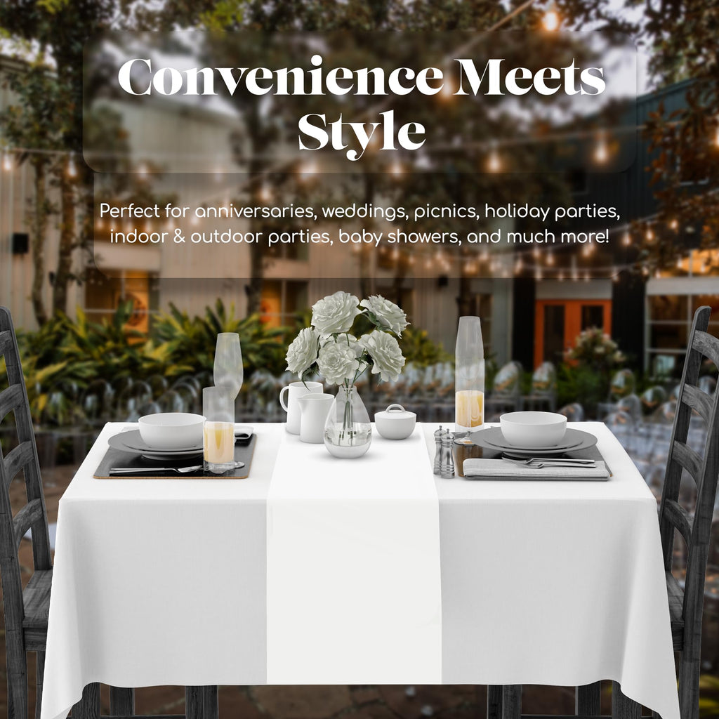 White 12 Pack Premium Disposable Plastic Table Runner 14 x 108 Inch. Table Runner for Dinner Parties & Events by Grandipity