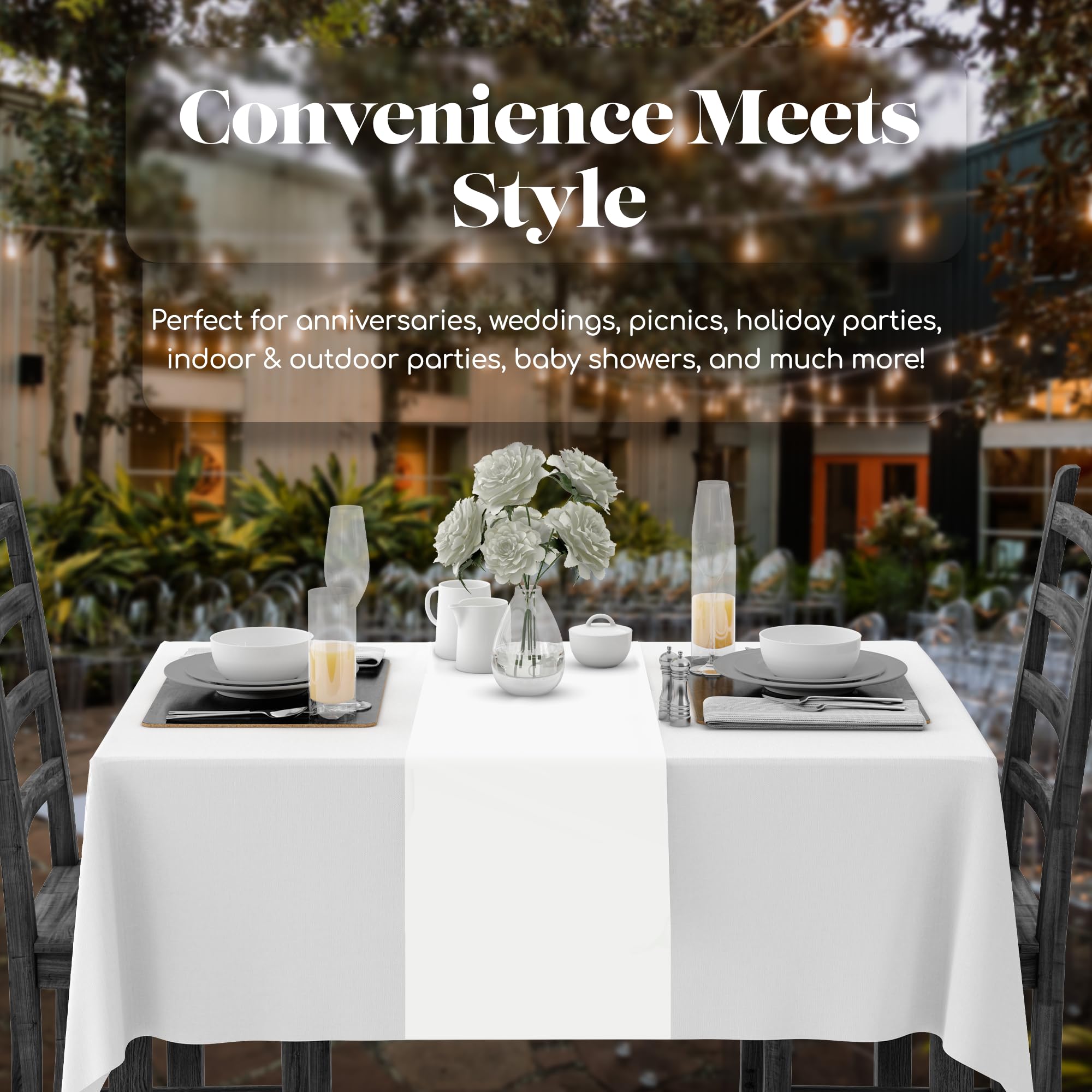 White 12 Pack Premium Disposable Plastic Table Runner 14 x 108 Inch. Table Runner for Dinner Parties & Events by Grandipity