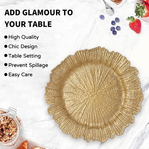 MAONAME 13" Gold Charger Plates Set of 10, Reef Plate Chargers, Round Charger for Dinner Plates, Plastic Table Chargers for Wedding Decor