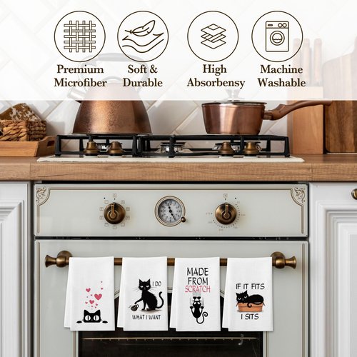 DETIHO ETIHO Black Cat Kitchen Towel, Cat Lover Gifts for Women, Funny Dish Towels Decorative Set 16x24 Inches Set of 4, Hand Tea Towels for Kitchen Bathroom (A14)