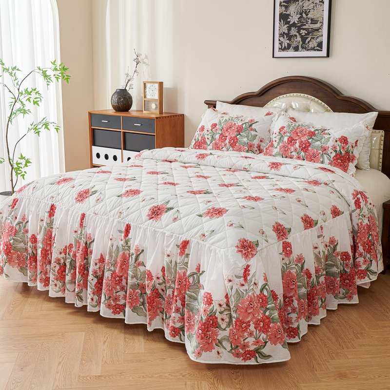 EVENHUG Ruffle Skirt King Size Bedspread Set Red Floral 100% Cotton Quilt Bedding Sets with Pillow Shams Lightweight Soft Coverlet Bed Spreads Sets 3 Piece (King, 78"x80")