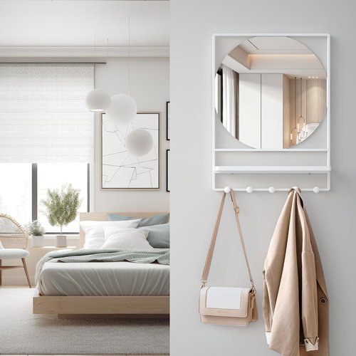LETSFIELD Bathroom Mirror with Shelf and Hooks 28 x 21 Inch Modern Rectangle Wall Mirror for Bathroom, Metal Framed Bathroom Vanity Mirror for Over Sink, Entrance (White)