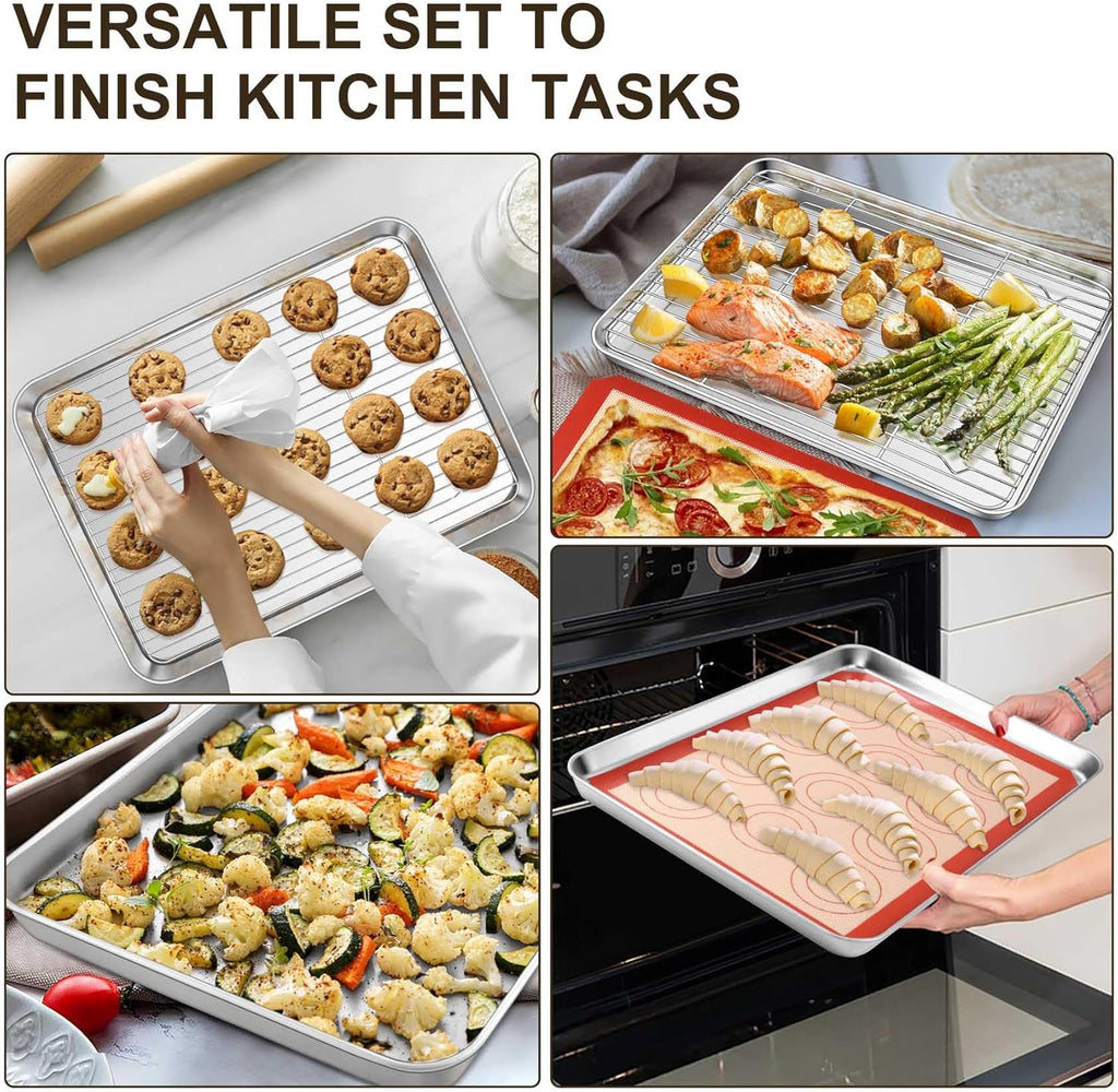 TeamFar Stainless Steel Baking Sheet Set - 16-Inch Cookie Sheets with Cooling Racks & Silicone Mats | Non-Toxic & Easy to Clean