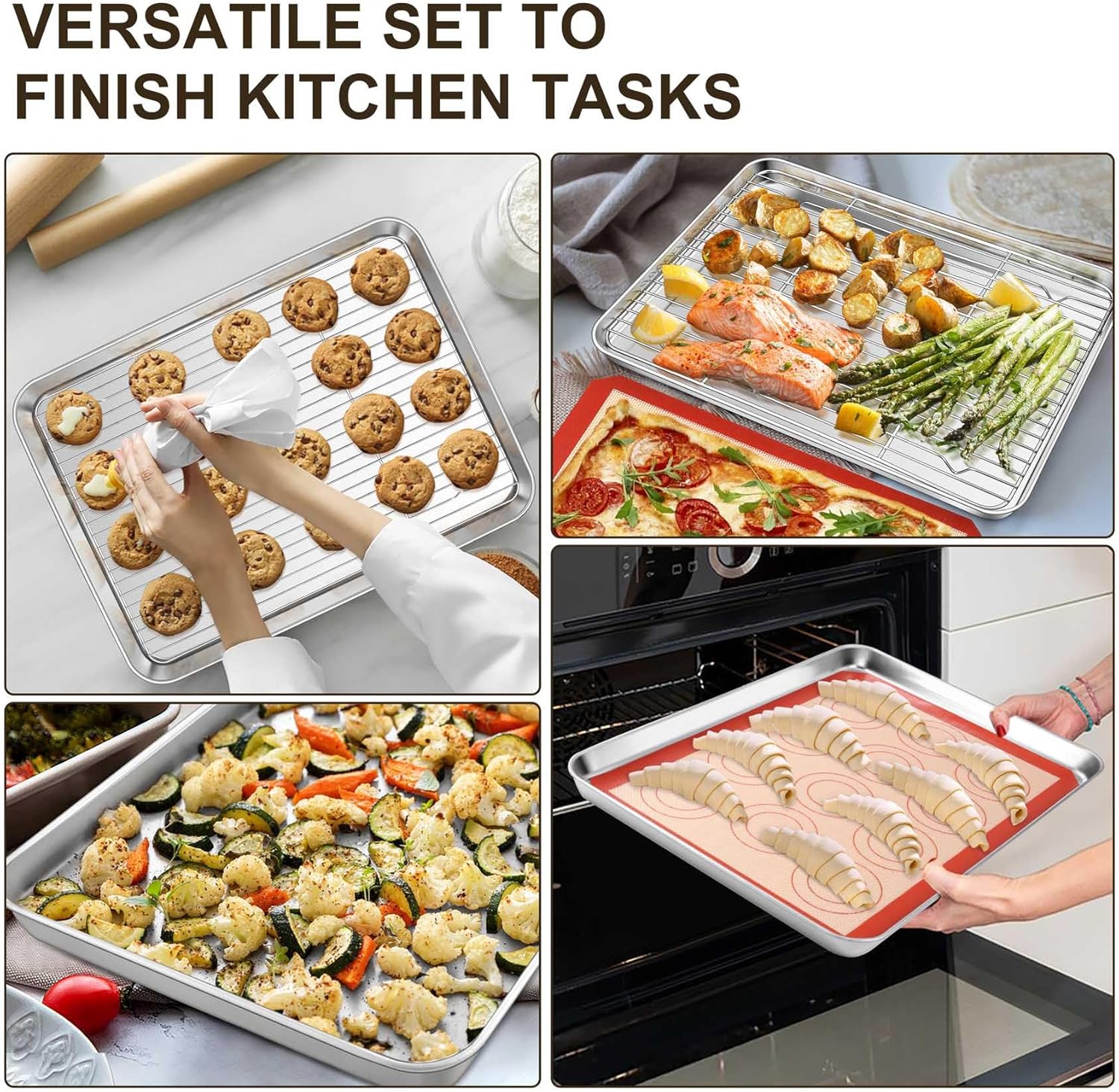 TeamFar Stainless Steel Baking Sheet Set - 16-Inch Cookie Sheets with Cooling Racks & Silicone Mats | Non-Toxic & Easy to Clean
