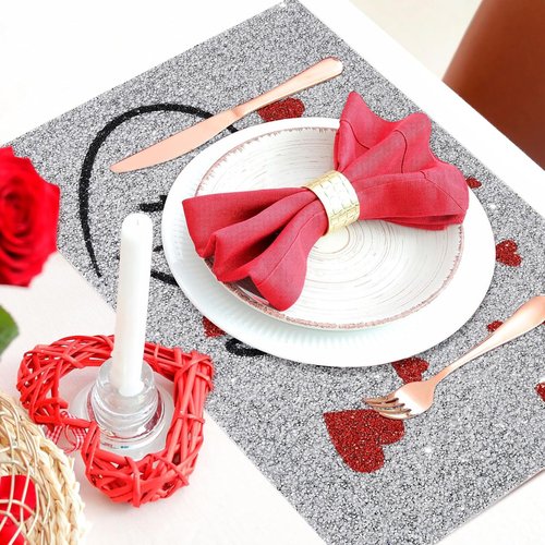 Cumouna Placemats Set of 4, Silver and Red Rhinestones Table Mat Home Decoration for Centerpiece Dining Table Love You Always Valentines Day Family Frineds Birthday Gifts