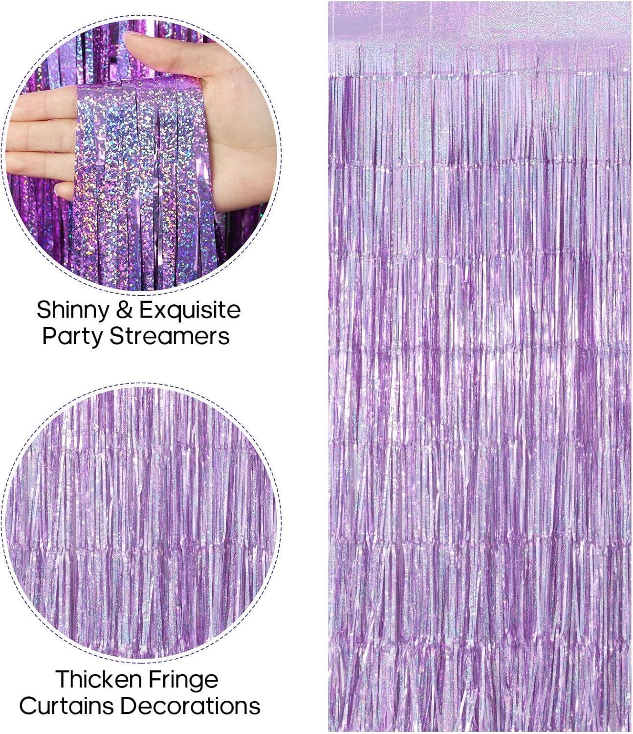 Skiennix Fringe Curtains - 2 Pack Foil Backdrops for Birthday, Wedding, and Graduation Decor - Light Purple