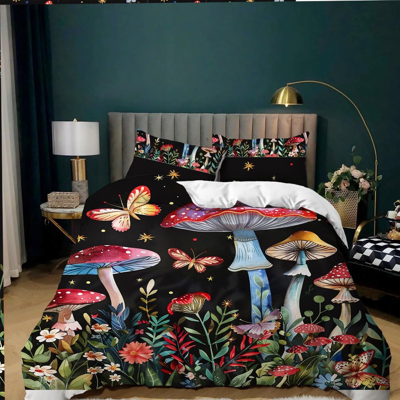 AILONEN Red Mushroom Duvet Cover Set King Size,Botanical Plant Fungus Butterfly Cartoon Mushroom Comforter Cover Set 3 Pieces for Kids Boys Girls Adults,1 Quilt Cover with 2 Pillowcases