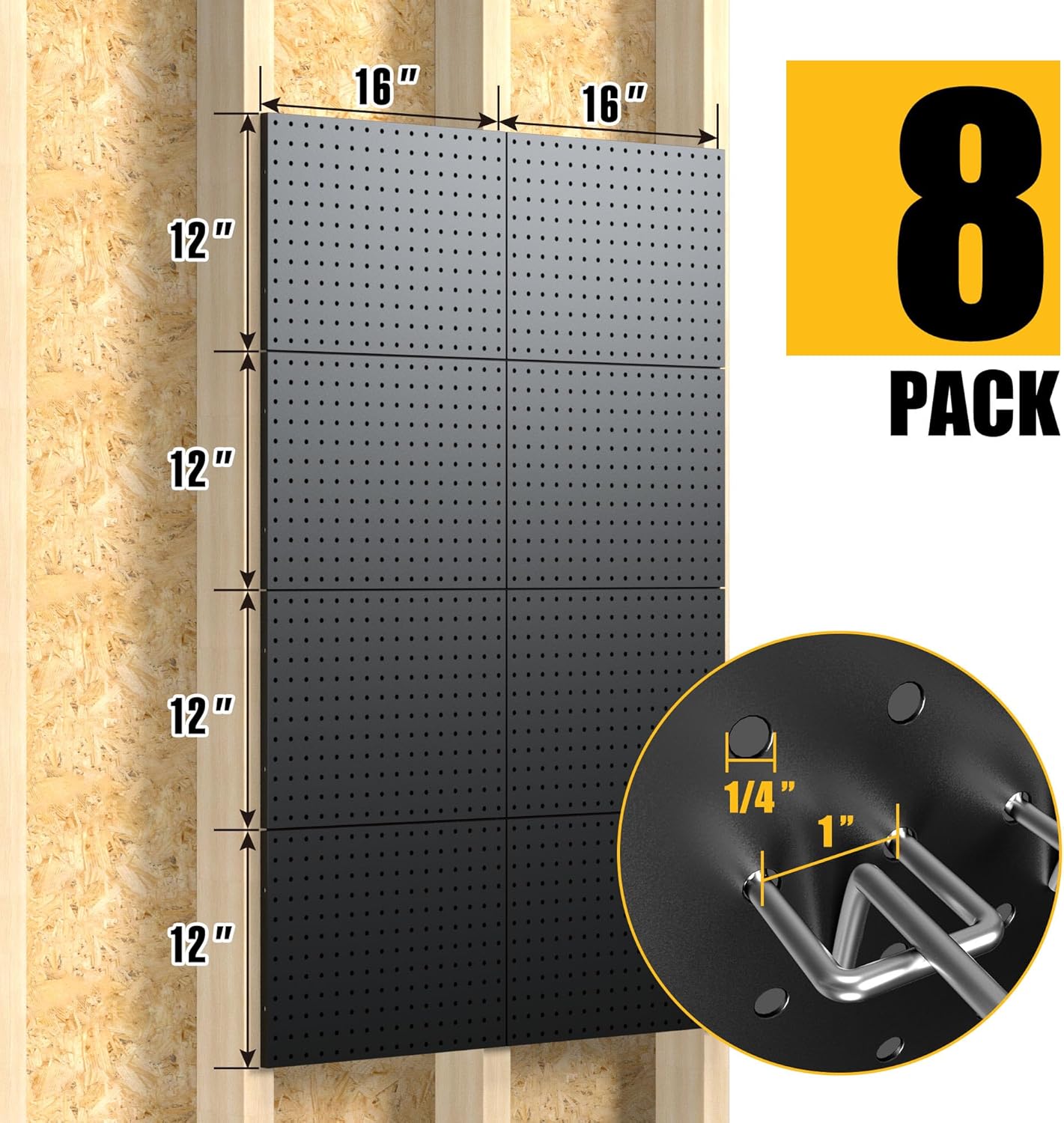 Spampur Pegboard Panels - 8 Pack Heavy-Duty Wall Organizer with 50 Hooks | Black for Home & Garage