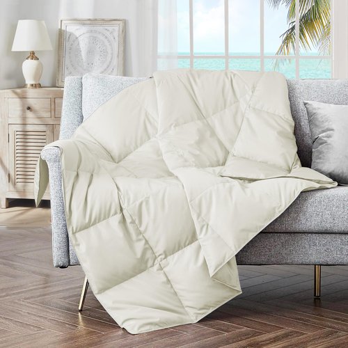 puredown® Soft Feather Down Throw Blanket Lightweight Packable Couch Throw for Indoor and Outdoor Use, Throw 50"X70", Ivory