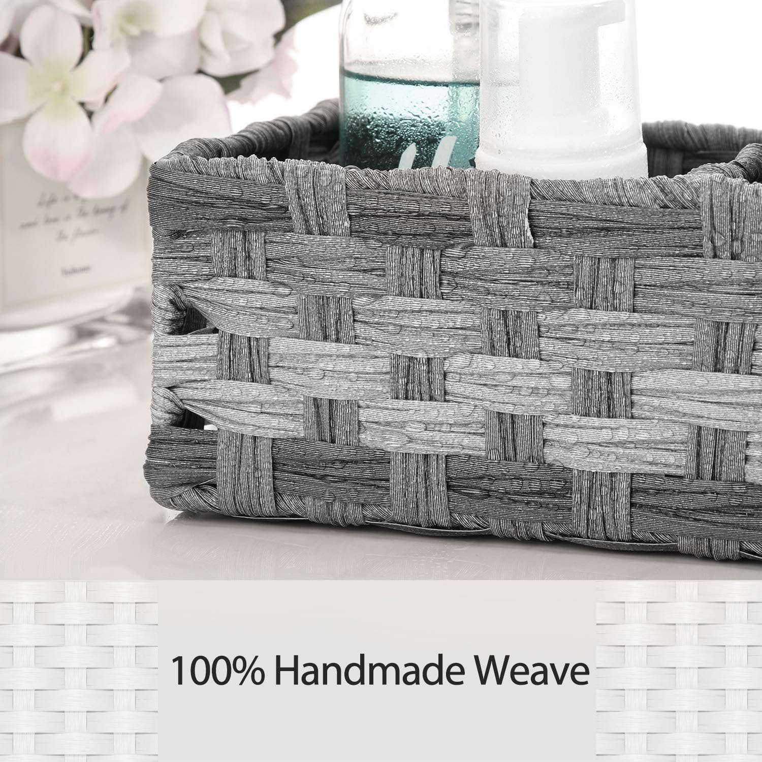 Toilet Tank Topper Paper Basket - Hand Woven Plastic Wicker Organizer with Divider | Rustic Grey Farmhouse Decor