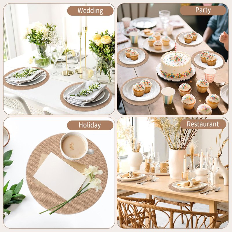 SEPGLITTER 24 Pcs Round Burlap Placemats Bulk 11.8 inches Brown Reusable Natural Jute Table Mats for Wedding Dinner Party Farmhouse Dinner Table Decor