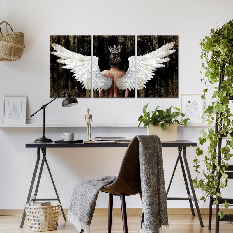 OuElegent Gold And Black Angel Wings Wall Art Canvas Prints Girl Wearing Crown Contemporary Artwork for Living Room Bedroom Decor Framed 16"x24"x3pcs (Black, Medium)