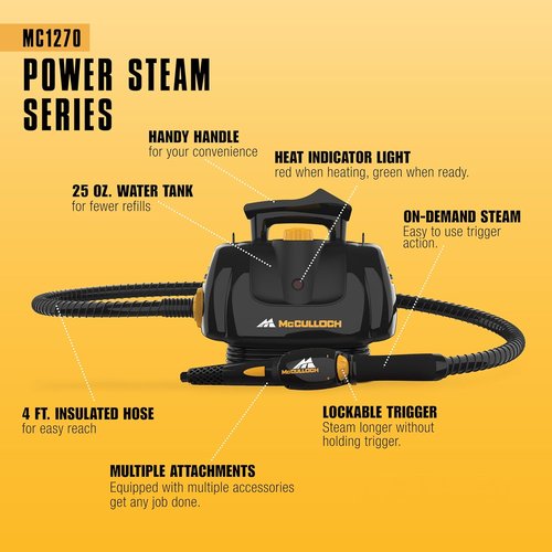 McCulloch MC1270 Portable Power Steam Cleaner - 30-Minute Runtime, 16 Accessories for Home & Car Detailing