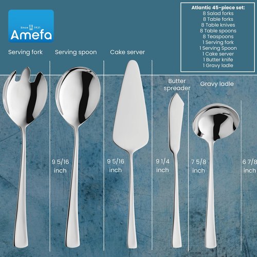 Amefa Atlantic 45-Piece Flatware, Set for 8 – Stainless Steel Silverware, Mirror Finish, Rust-Resistant Durable Cutlery, Forks, Knives, Spoons, Salad Forks & Teaspoons for Dining & Entertaining