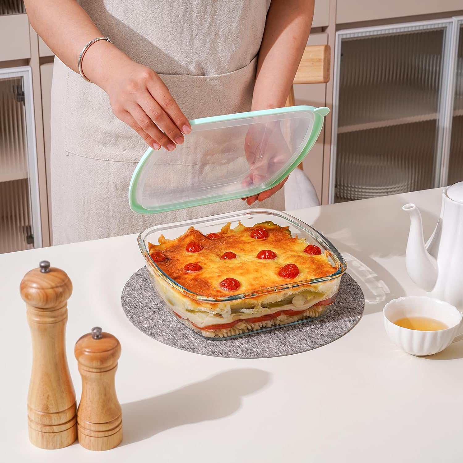NUTRIUPS 9 x 9 Glass Baking Dish with Lid - Large 2.75QT Oven Safe Pan in Green | Deep & Durable Design