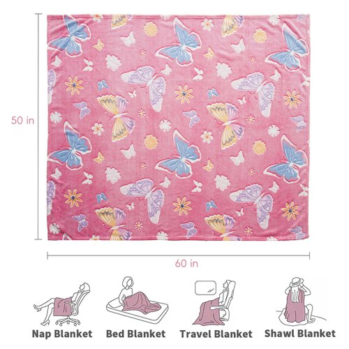 Bunnikins & Clover Butterfly Glow in The Dark Blanket for Daughters, Soft Kids Blankets for Christmas Halloween Birthday Valentines Gifts,50"x60"