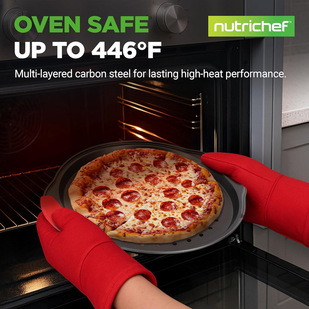 NutriChef 13-Inch Nonstick Pizza Tray - Round Carbon Steel Pan with Perforated Holes & Silicone Grip Handles
