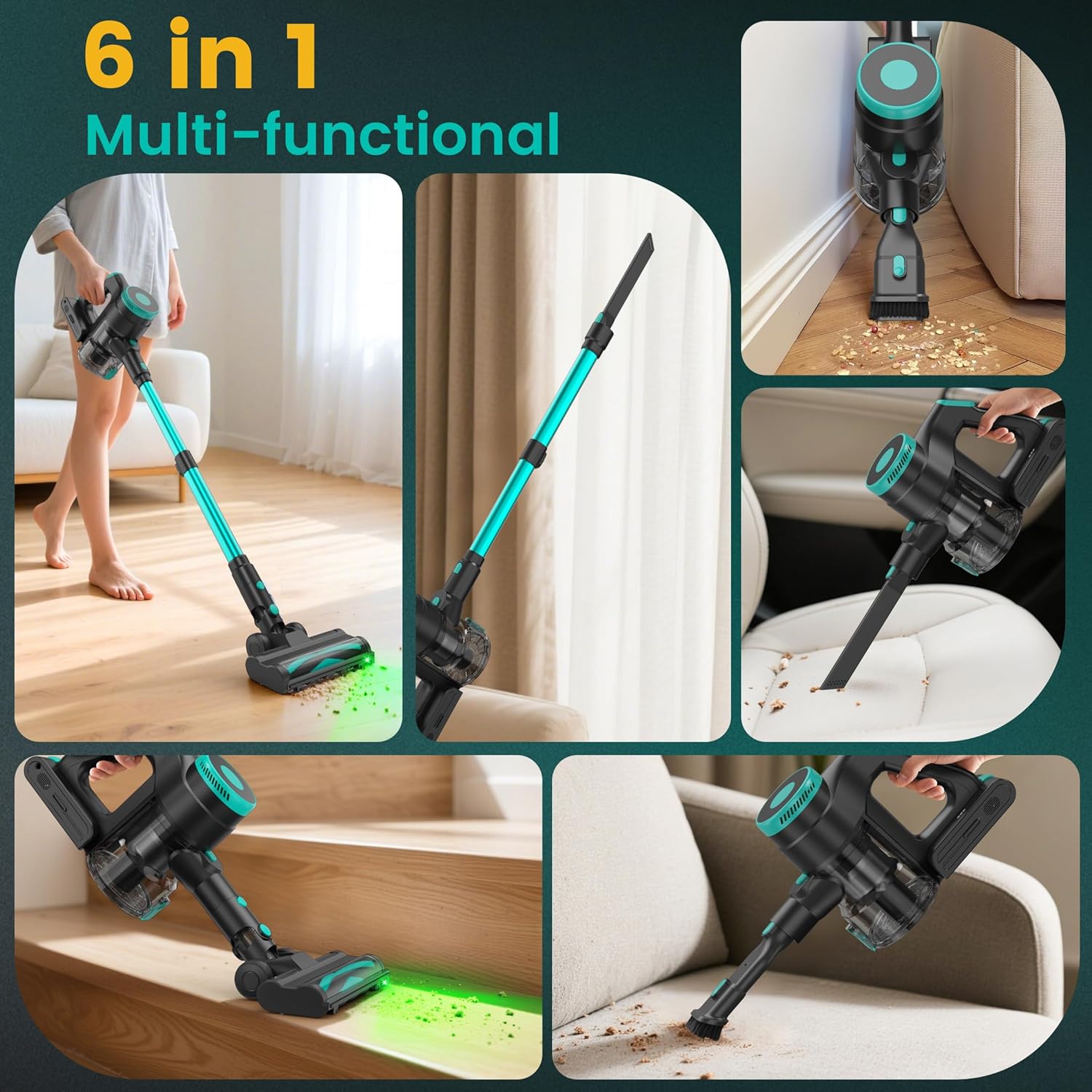 Zefiro 350W Cordless Vacuum Cleaner - 45-Minute Runtime, Lightweight Design, 1.5L Dust Cup | Ideal for Hardwood Floors & Pet Hair (Green)