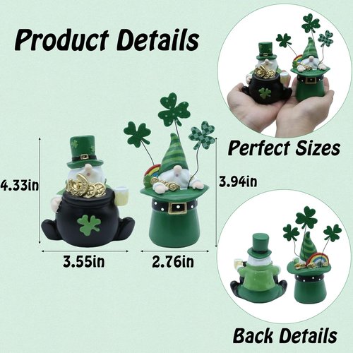AOMOONOA St. Patrick’s Day Gnomes - 2Pcs Resin Leprechaun Figurines with Coins & Clover for Holiday Decor