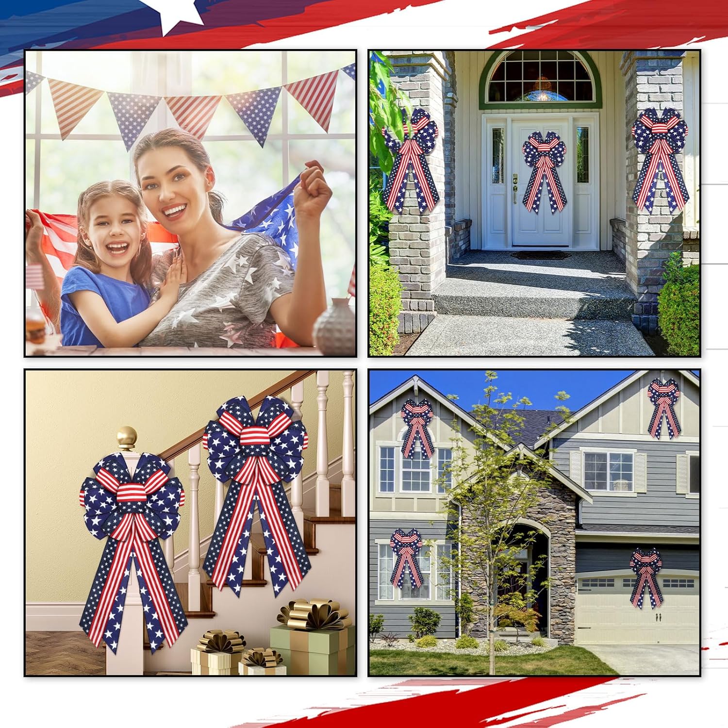 Riceshoot Patriotic Bows - 4th of July USA Red, White & Blue Star Burlap Tree Topper | 2 Pcs for Indoor/Outdoor Decor