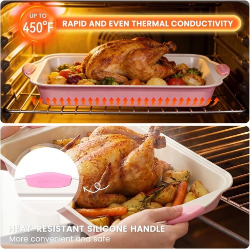 Kikcoin Nonstick Baking Pans Set - 22 PCS Stackable Bakeware with Silicone Handles | Oven Safe to 450°F, Pink