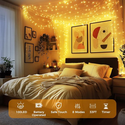 Fairy Lights 33Ft | 100 LED Battery Operated Twinkle Lights with Remote & Timer - Waterproof for Weddings & Decor