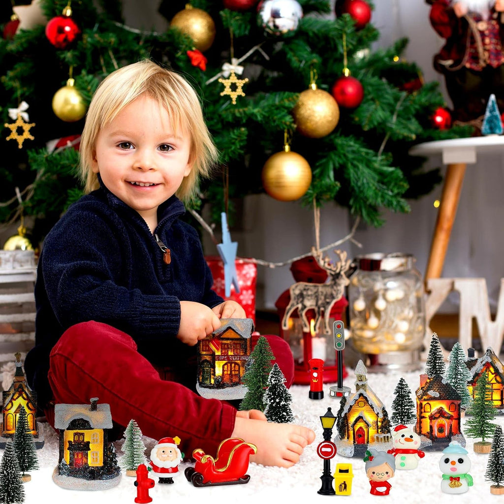 Woanger Christmas Village Set - 29 LED Lighted Houses & Figurines for Holiday Decor | Poly Resin Collectibles