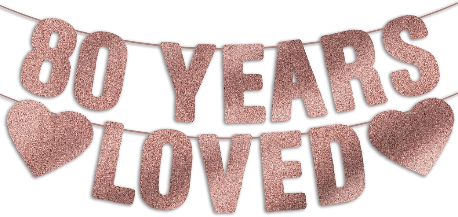 Rose Gold Glitter 80th Birthday Banner - Pre-Strung Happy Birthday Decorations for Women