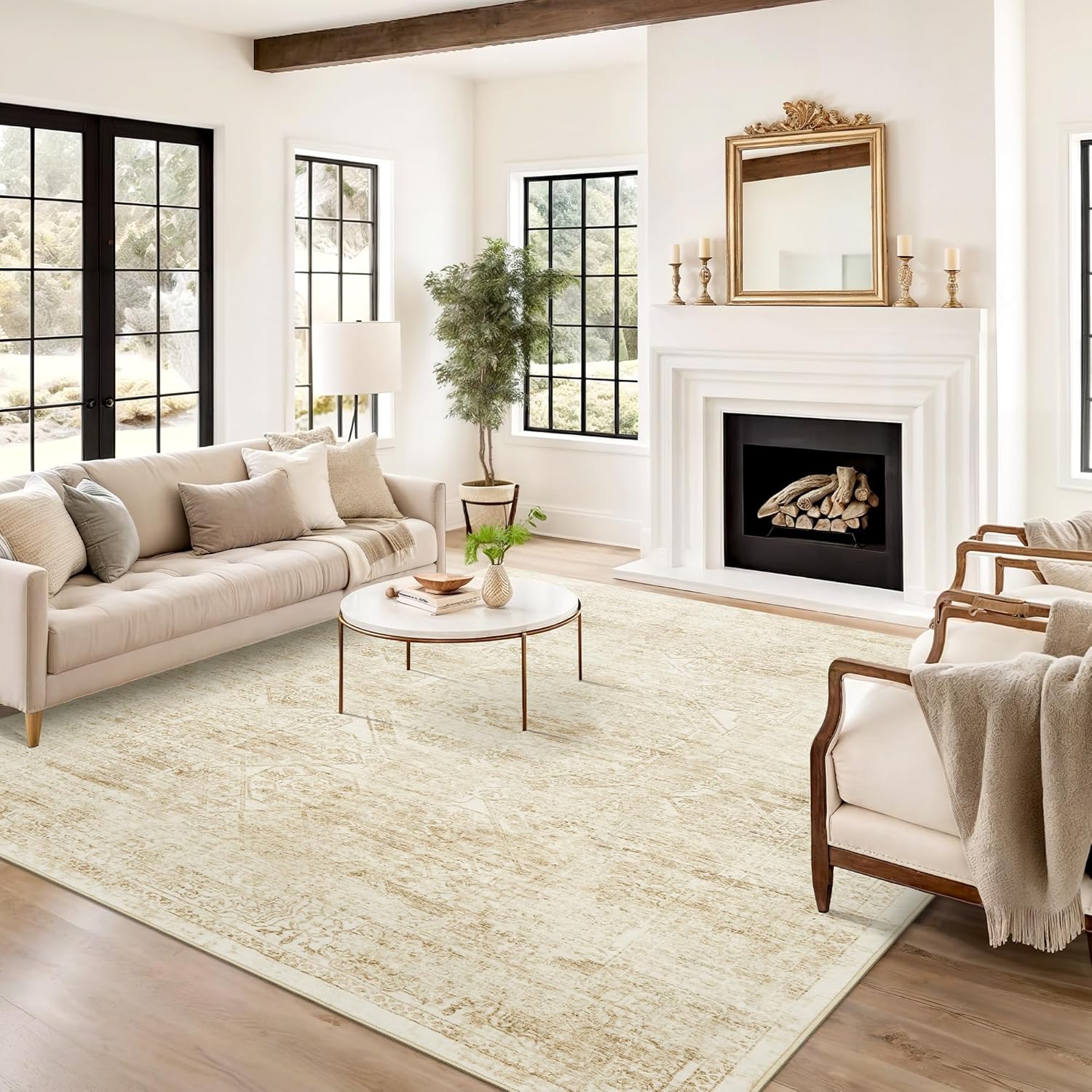 Soalmost Washable Area Rug - Large Vintage Beige 8x10 Soft Rug for Living Room & Bedroom | Non-Slip Design