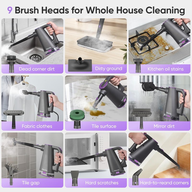 Seyola Steam Mop Cleaner for Hardwood Floor Cleaning, Hands-free Steamer Cleaner Handheld with 9-in-1 Multi-purpose Attachments for Bathroom, Windows, Sofas, Clothes, Tiles Grout (Purple-Grey)