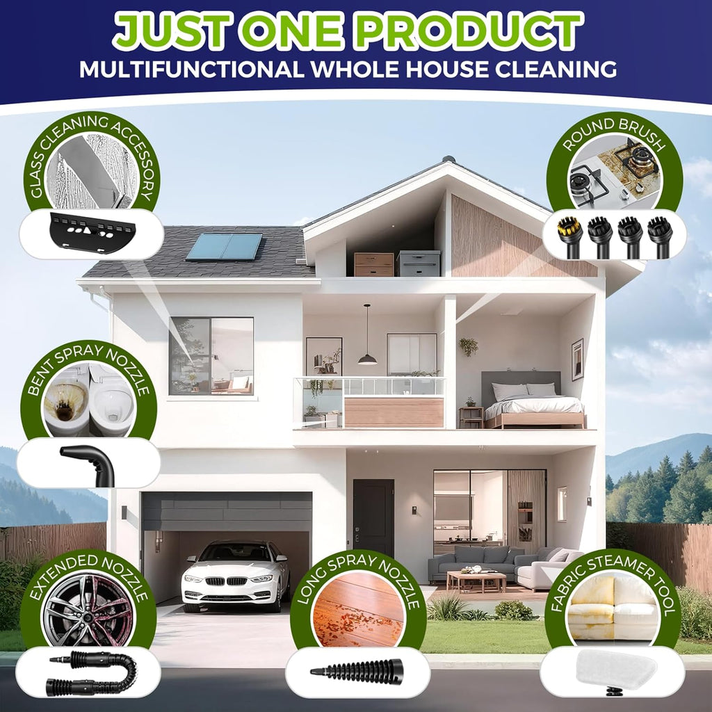 Skiennix Steam Cleaner - Pressurized Handheld Multi-Surface Steamer with 12 Accessories | 350ML Capacity for Home, Car, Upholstery, and Kitchen Cleaning