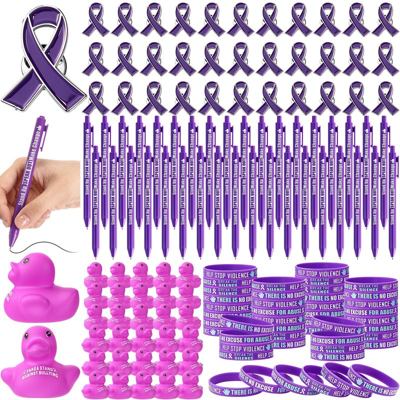 JellyArch 245 pcs Domestic Violence Awareness Accessories Gifts Bulk Purple Ribbon Pins, Bracelets, Pens, Ducks, for Cancer Awareness Month in October Against Violence Event Supplies