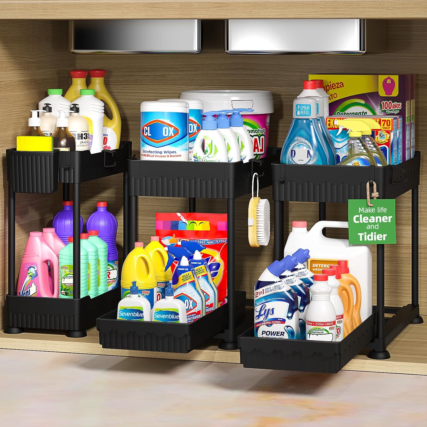 Sevenblue Under Sink Organizers - 2-Tier Multi-Use Storage with Sliding Drawers | Black, 14.8 Inch