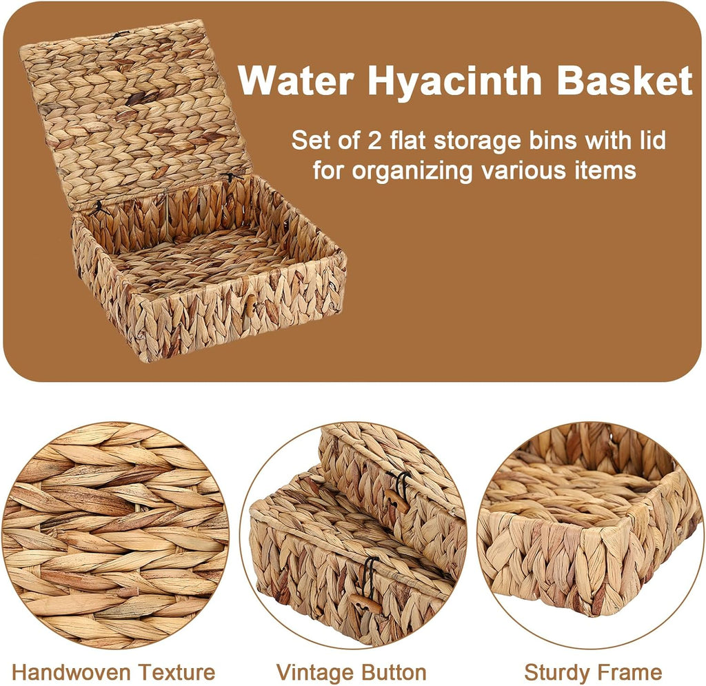Regine Switzerland Handwoven Shelf Basket Set - Natural Water Hyacinth Bins with Lids for Stylish Home Organization