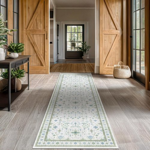 Hazo Haus Oushak 3x10 Wide Hallway Runner Rug - Vintage Turkish Floral Design | Washable Non-Slip Low Pile - Light Blue & Green